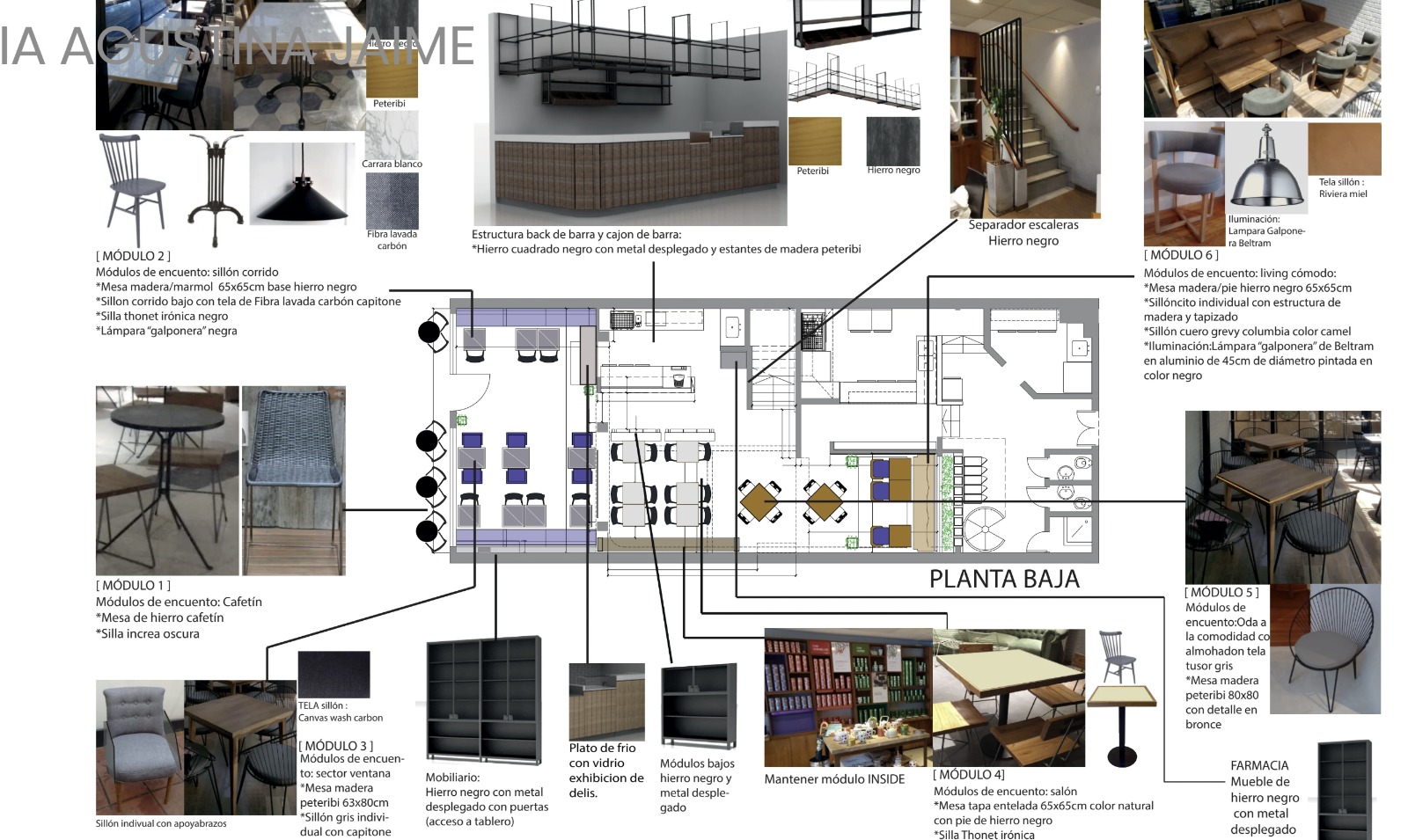Planta Baja, ground floor layout with furniture module specifications